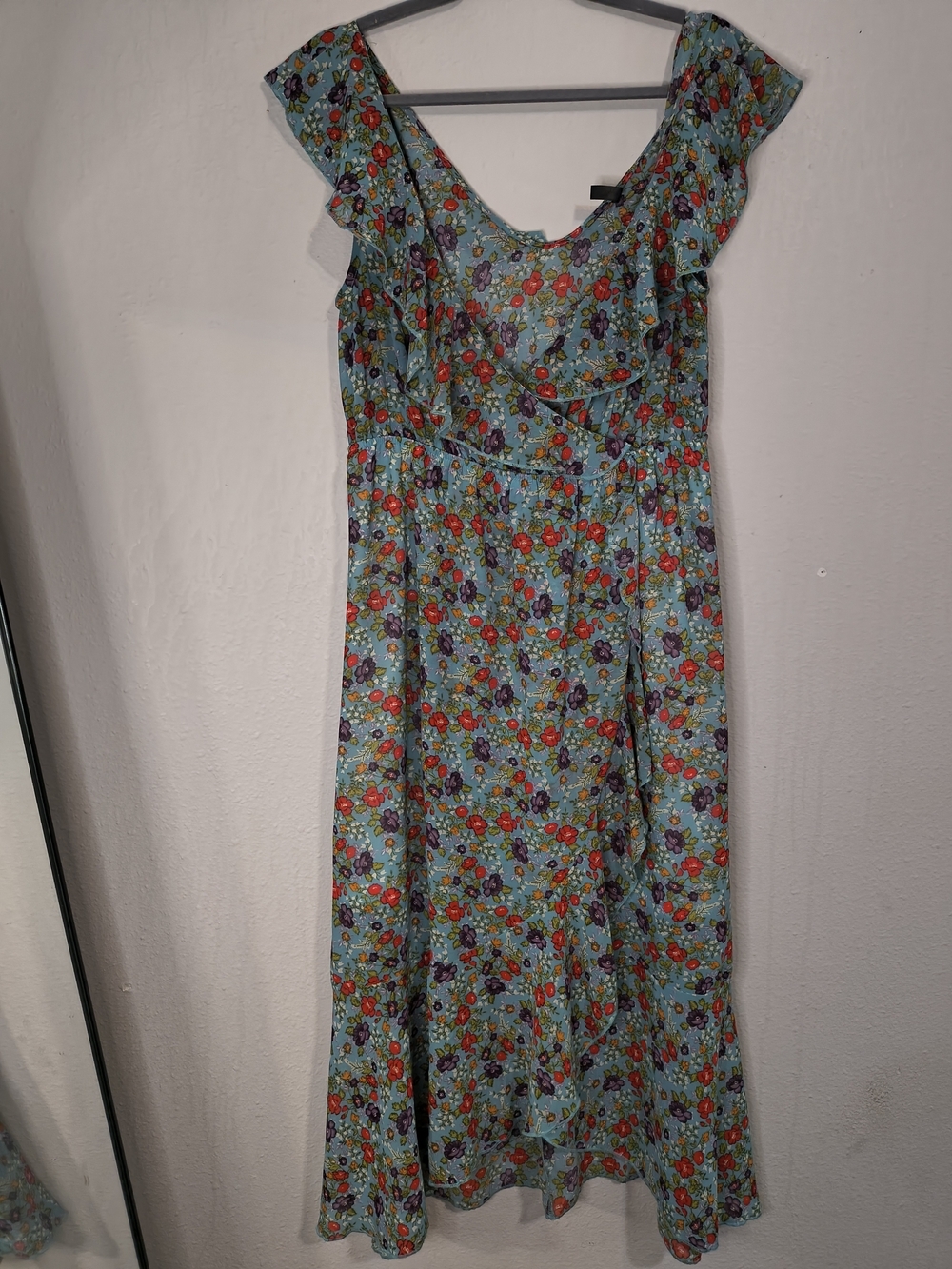Lapis XL Blue Floral Ruffle Midi Dress Cottagecore Boho Flutter Sleeve